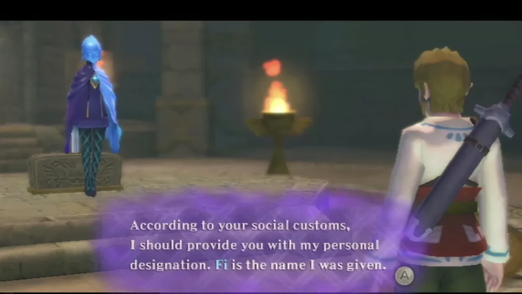 Fi, a blue spirit in a purple cloak, tells Link her name in a purple message box. Fi, a blue spirit in a purple cloak, tells Link her name in a purple message box.