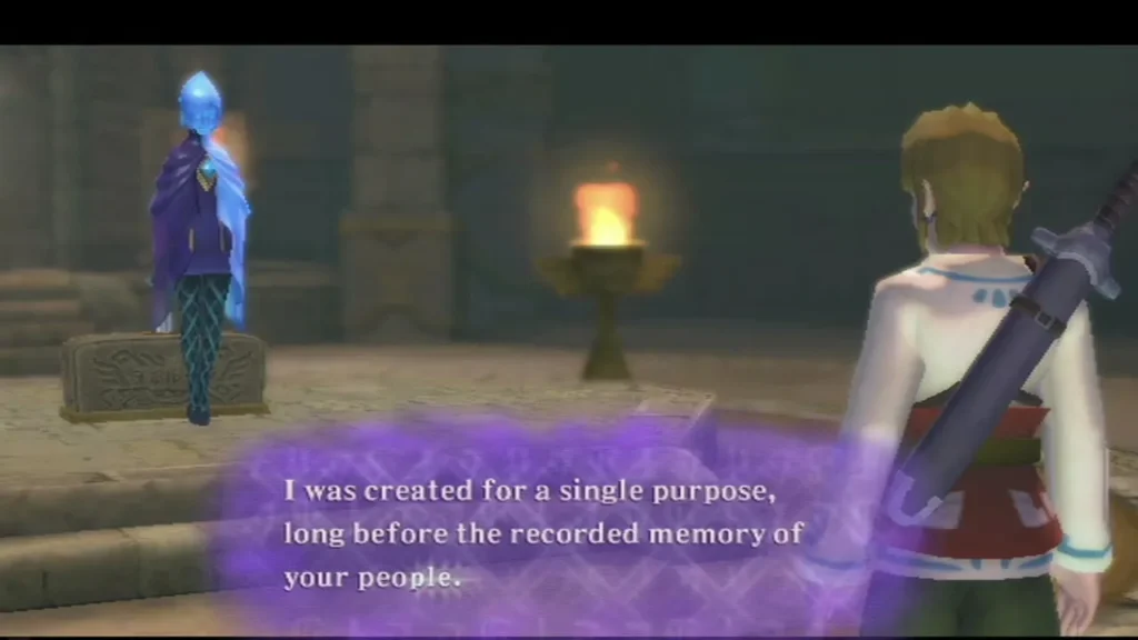 Fi, a blue spirit in a purple cloak, speaks to Link in a dim stone chamber while a purple box shows her words. Fi, a blue spirit in a purple cloak, speaks to Link in a dim stone chamber while a purple box shows her words.