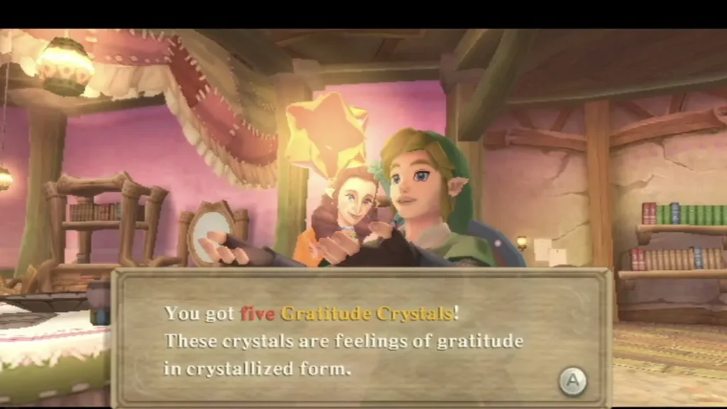 The box reads that Link got five Gratitude Crystals, with a glowing crystal floating above him in a pink room. The box reads that Link got five Gratitude Crystals, with a glowing crystal floating above him in a pink room.