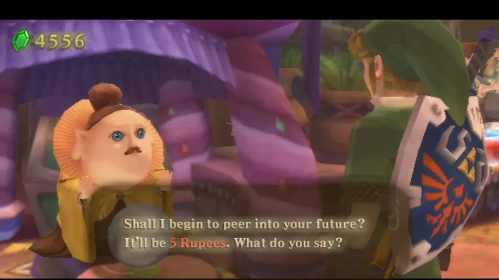 The fortune teller offers a peek into the future for 5 Rupees and asks Link what he says. The fortune teller offers a peek into the future for 5 Rupees and asks Link what he says.
