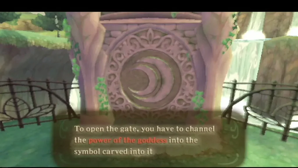 A crescent-carved gate beside a waterfall; a message box says to channel the goddess's power into it. A crescent-carved gate beside a waterfall; a message box says to channel the goddess's power into it.
