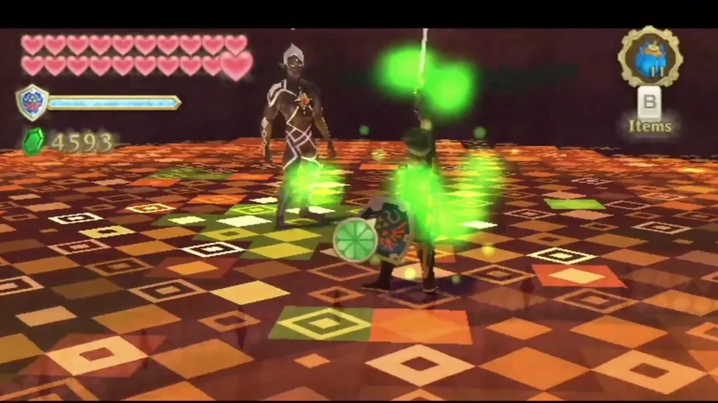 Ghirahim and Link clash on a checkered arena floor as green magic bursts around them Ghirahim and Link clash on a checkered arena floor as green magic bursts around them
