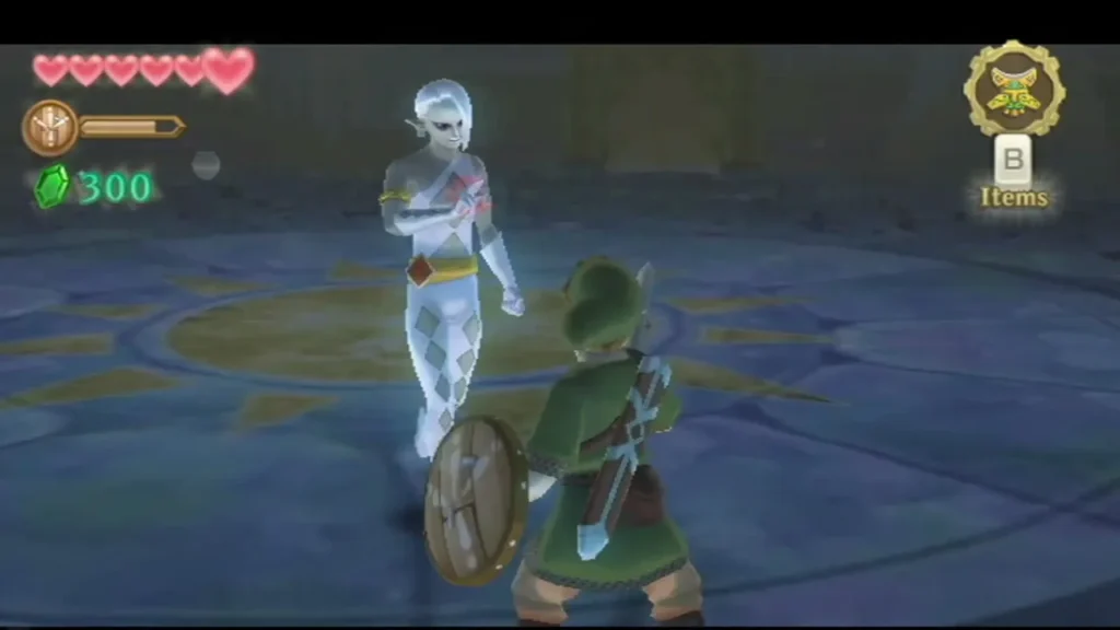 Ghirahim, pale with a harlequin-patterned outfit, faces Link on a blue stone floor in their first duel Ghirahim, pale with a harlequin-patterned outfit, faces Link on a blue stone floor in their first duel