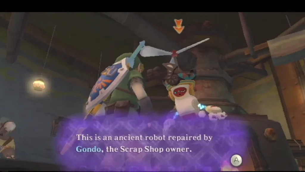 A message box names Gondo, the Scrap Shop owner, as the one who repaired the ancient robot beside Link. A message box names Gondo, the Scrap Shop owner, as the one who repaired the ancient robot beside Link.