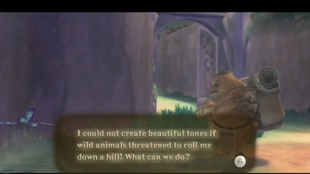 A Goron scholar with a scroll case on his back complains in a text box that wild animals threaten to roll him down a hill. A Goron scholar with a scroll case on his back complains in a text box that wild animals threaten to roll him down a hill.