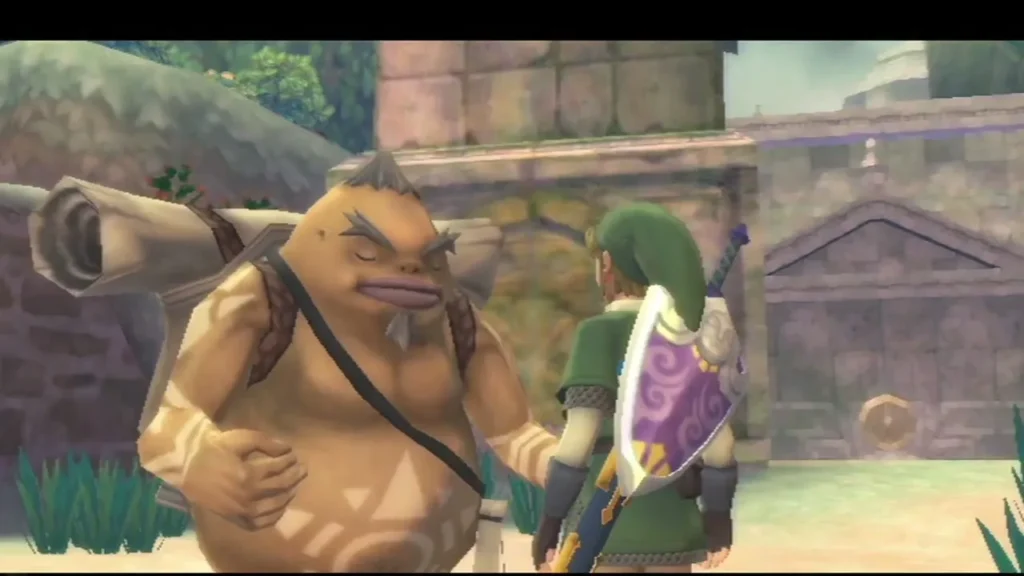 The Goron scholar with a scroll case stands beside Link in a sunlit ruin with stone walls. The Goron scholar with a scroll case stands beside Link in a sunlit ruin with stone walls.