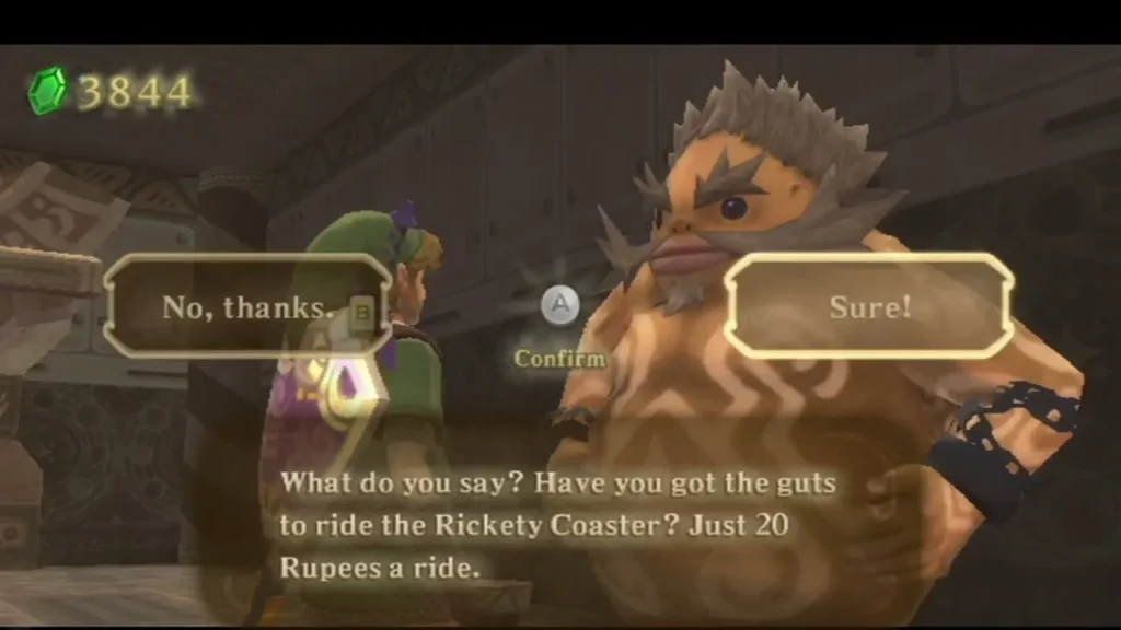 Gortram, a bearded Goron, asks if Link has the guts to ride the Rickety Coaster for 20 Rupees, with Sure! or No, thanks. Gortram, a bearded Goron, asks if Link has the guts to ride the Rickety Coaster for 20 Rupees, with Sure! or No, thanks.