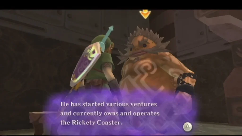A spiky-haired Goron stands with Link as a box says he owns and operates the Rickety Coaster. A spiky-haired Goron stands with Link as a box says he owns and operates the Rickety Coaster.