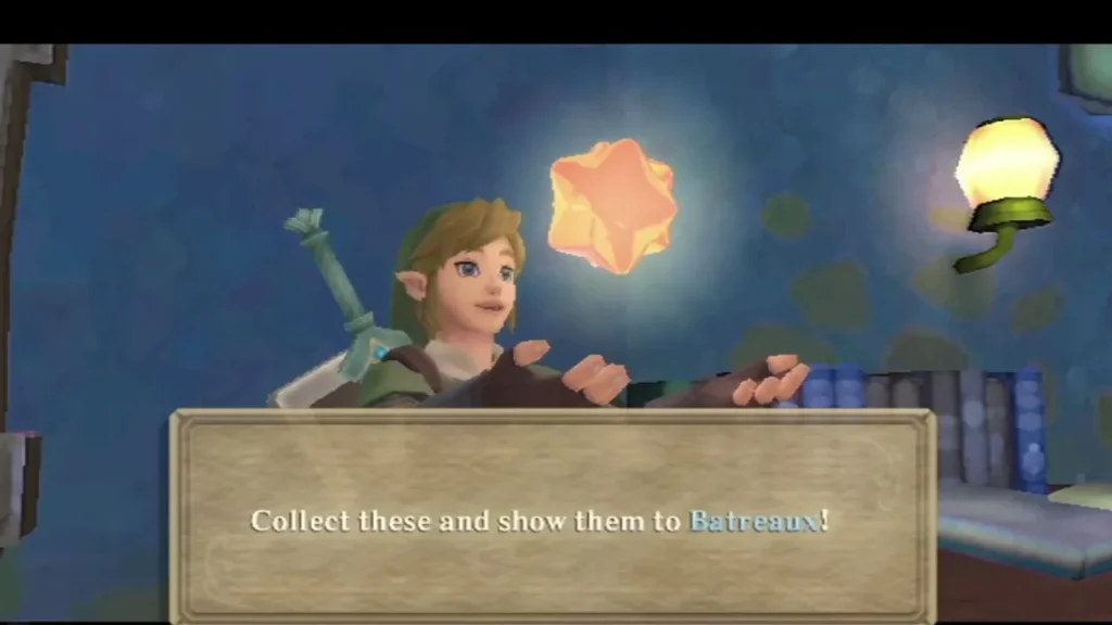 Link holds up a glowing Gratitude Crystal, and the box says to show them to Batreaux. Link holds up a glowing Gratitude Crystal, and the box says to show them to Batreaux.