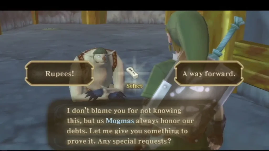 A green-haired Mogma tells Link that Mogmas always honor their debts and offers him a reward. A green-haired Mogma tells Link that Mogmas always honor their debts and offers him a reward.