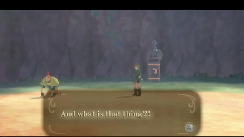 Groose, red-haired and crouched, joins Link in Faron Woods; his box asks what that thing is. Groose, red-haired and crouched, joins Link in Faron Woods; his box asks what that thing is.