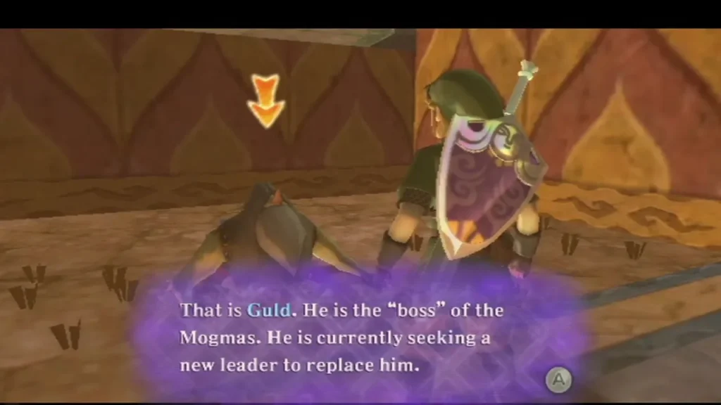 A caption names Guld, the Mogma boss, who is seeking a new leader to replace him, as Link stands beside him. A caption names Guld, the Mogma boss, who is seeking a new leader to replace him, as Link stands beside him.