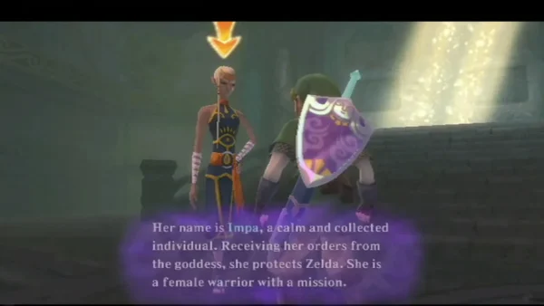 Impa stands beside Link in a sunlit temple, and the box introduces her as a calm warrior who protects Zelda. Impa stands beside Link in a sunlit temple, and the box introduces her as a calm warrior who protects Zelda.