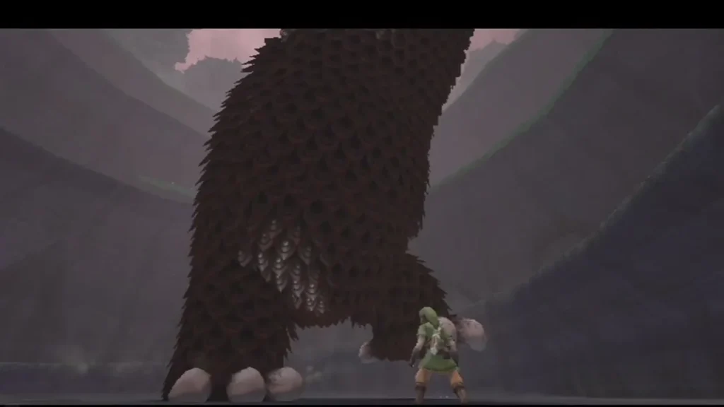 The Imprisoned's pale clawed foot towers over Link, who stands small on the arena floor. The Imprisoned's pale clawed foot towers over Link, who stands small on the arena floor.