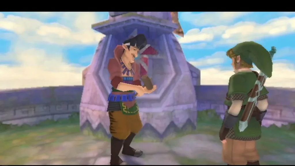 Jakamar, in a red vest with a hammer in hand, stands by the Skyloft windmill as Link looks on. Jakamar, in a red vest with a hammer in hand, stands by the Skyloft windmill as Link looks on.