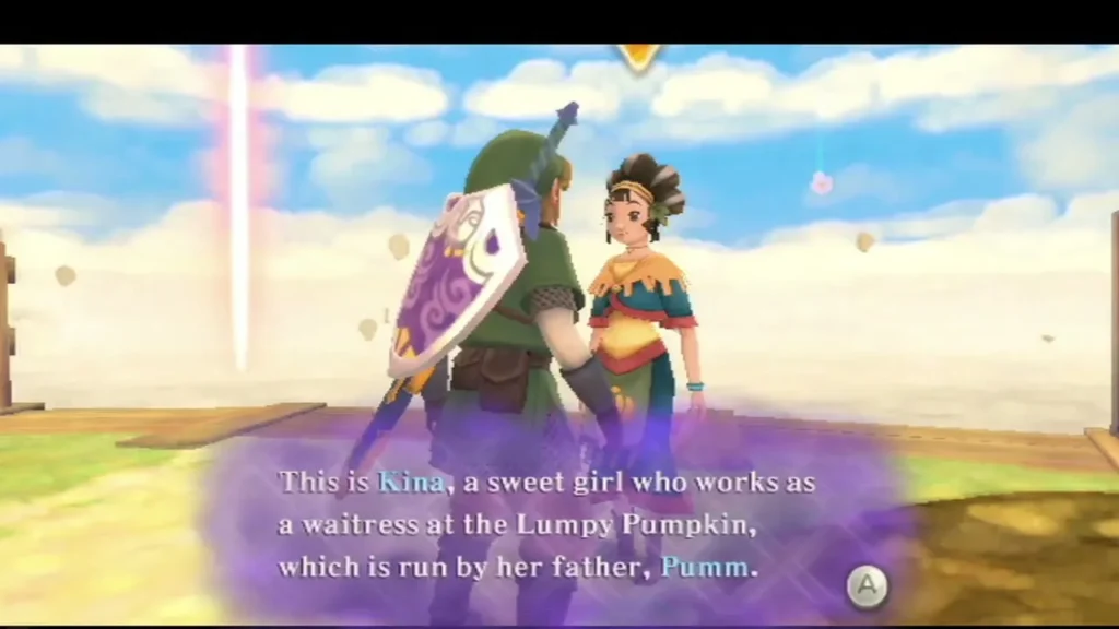 Kina stands beside Link on a sky platform as a caption names her as a waitress at the Lumpy Pumpkin. Kina stands beside Link on a sky platform as a caption names her as a waitress at the Lumpy Pumpkin.