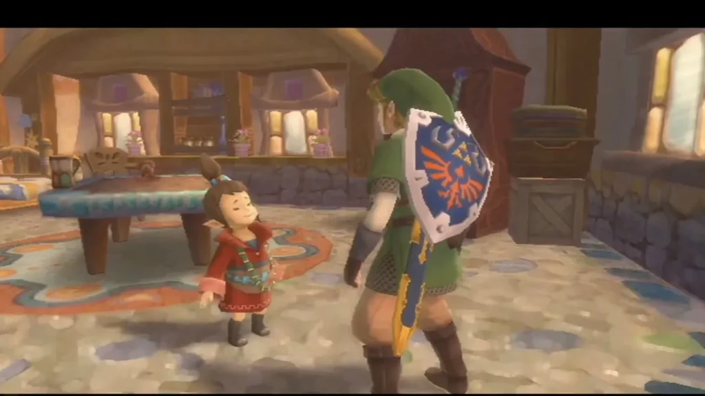 Kukiel, a small girl in a red coat, stands in her Skyloft house beside Link. Kukiel, a small girl in a red coat, stands in her Skyloft house beside Link.