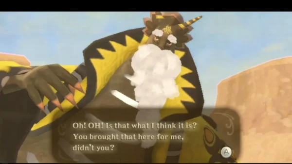Lanayru, the yellow Thunder Dragon, reacts with delight as his text box says Link brought him the fruit Lanayru, the yellow Thunder Dragon, reacts with delight as his text box says Link brought him the fruit
