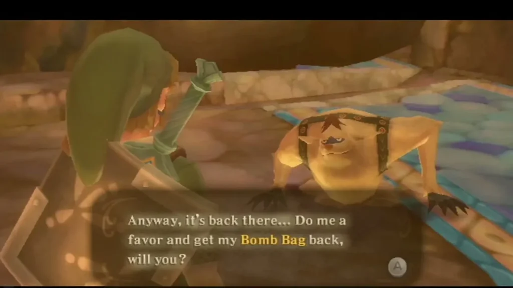 A Mogma in the temple asks Link to fetch his Bomb Bag, which he dropped back there. A Mogma in the temple asks Link to fetch his Bomb Bag, which he dropped back there.