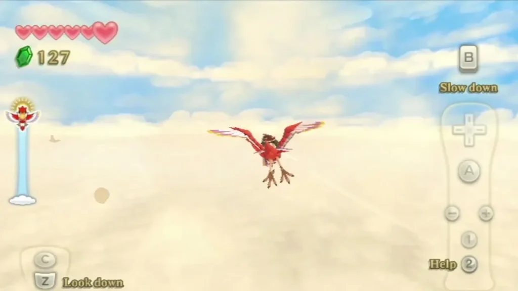 Link rides his red Crimson Loftwing over a sea of clouds in the Sky. Link rides his red Crimson Loftwing over a sea of clouds in the Sky.