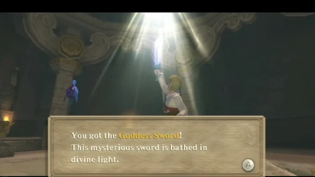 Link raises the Goddess Sword in a beam of light as the box reads that he got it. Link raises the Goddess Sword in a beam of light as the box reads that he got it.