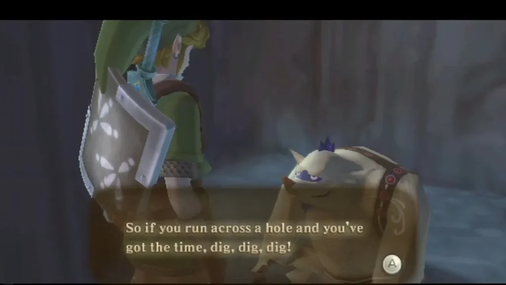 A blue-haired Mogma tells Link that if he runs across a hole, he should dig, dig, dig. A blue-haired Mogma tells Link that if he runs across a hole, he should dig, dig, dig.