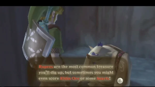 A Mogma in a dug-out cave explains that Rupees are the most common treasure you dig up. A Mogma in a dug-out cave explains that Rupees are the most common treasure you dig up.