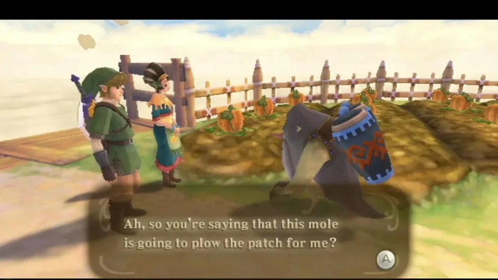 A mole is told he will plow the pumpkin patch, while Link and a woman stand by the fence. A mole is told he will plow the pumpkin patch, while Link and a woman stand by the fence.