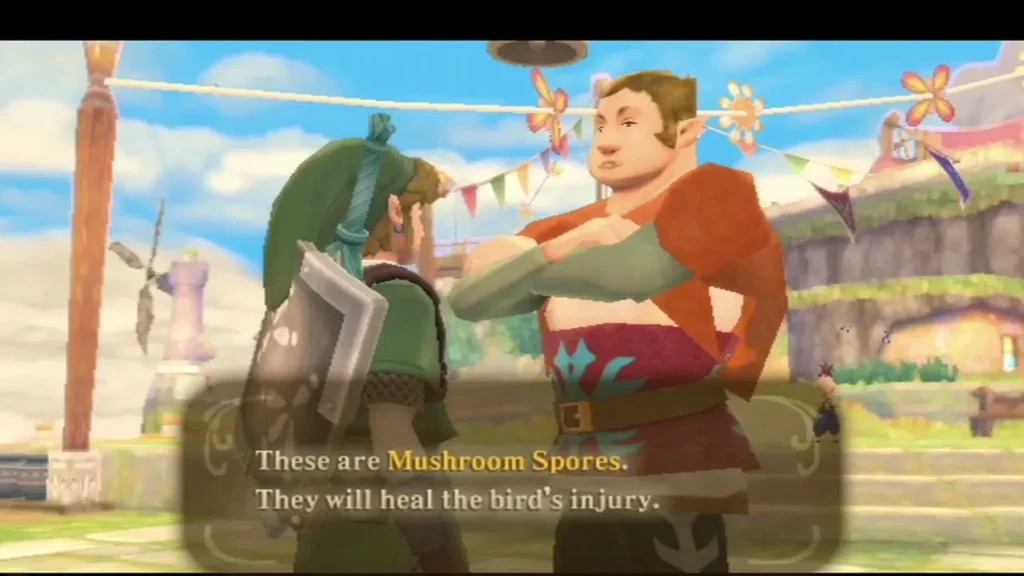 A man in a red vest tells Link the Mushroom Spores will heal the bird's injury. A man in a red vest tells Link the Mushroom Spores will heal the bird's injury.