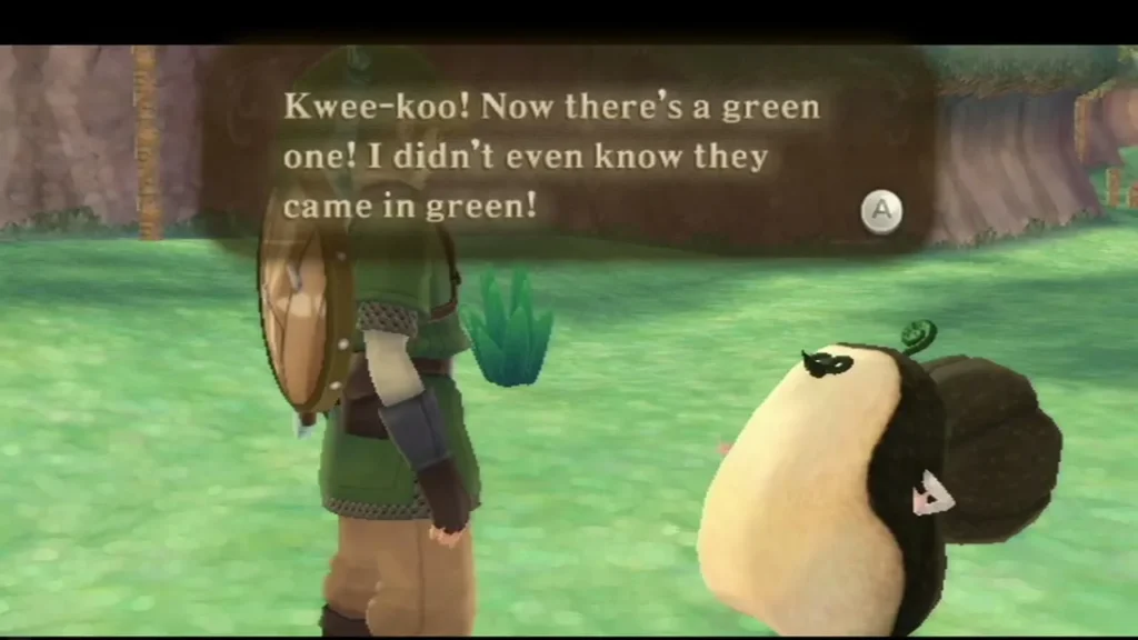 Link talks with a Kikwi, and the message box reads: Now there's a green one! I didn't even know they came in green! Link talks with a Kikwi, and the message box reads: Now there's a green one! I didn't even know they came in green!