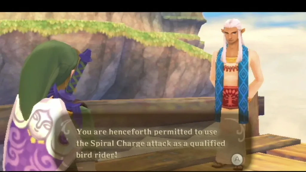 Instructor Owlan tells Link he is permitted to use the Spiral Charge attack as a qualified bird rider. Instructor Owlan tells Link he is permitted to use the Spiral Charge attack as a qualified bird rider.