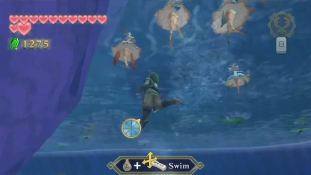 Link swims through Lake Floria past several spotted Parella, pale creatures with red patterns and fins. Link swims through Lake Floria past several spotted Parella, pale creatures with red patterns and fins.