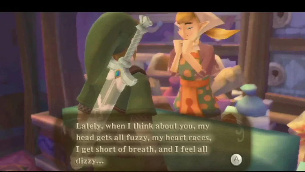 Peatrice, blushing at her shop counter, confesses that her head gets fuzzy and her heart races around Link. Peatrice, blushing at her shop counter, confesses that her head gets fuzzy and her heart races around Link.