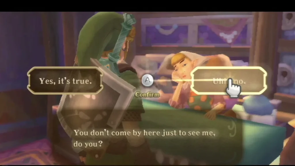 Peatrice at the Item Check counter asks whether Link only comes by to see her, with Yes or No choices. Peatrice at the Item Check counter asks whether Link only comes by to see her, with Yes or No choices.