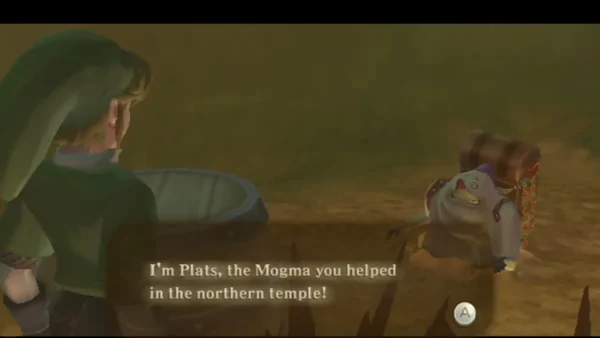 Plats the Mogma stands on Eldin Volcano with a large pack on his back and introduces himself to Link. Plats the Mogma stands on Eldin Volcano with a large pack on his back and introduces himself to Link.