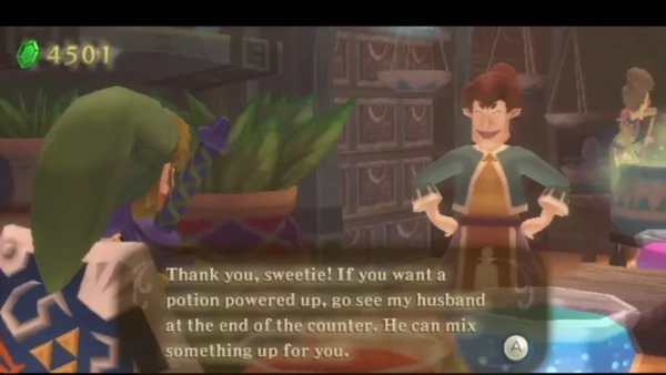 The potion shop owner tells Link to see her husband at the end of the counter to power up a potion. The potion shop owner tells Link to see her husband at the end of the counter to power up a potion.