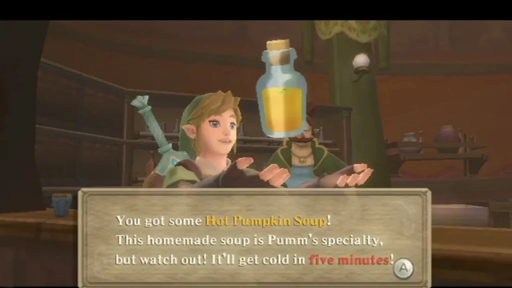 Link holds up a bottle of Hot Pumpkin Soup at the Lumpy Pumpkin bar, warned that it will get cold in five minutes. Link holds up a bottle of Hot Pumpkin Soup at the Lumpy Pumpkin bar, warned that it will get cold in five minutes.