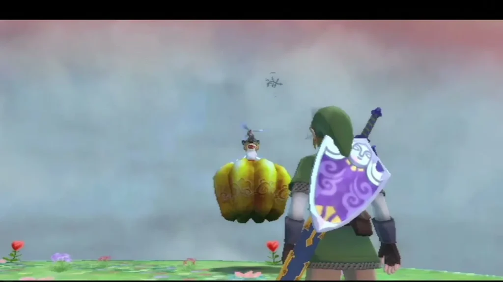A pumpkin of soup hangs beneath a propeller-capped figure in the clouds as Link watches from a ledge. A pumpkin of soup hangs beneath a propeller-capped figure in the clouds as Link watches from a ledge.