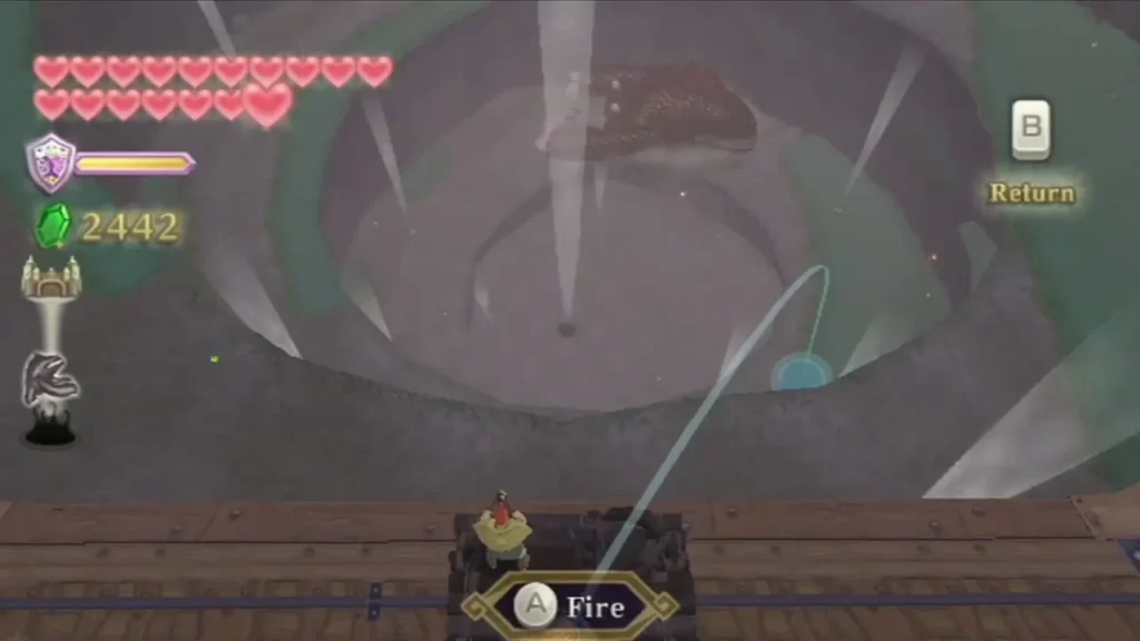 A red-haired figure aims a bomb cannon over the Imprisoned's pit, with the Fire prompt on screen. A red-haired figure aims a bomb cannon over the Imprisoned's pit, with the Fire prompt on screen.