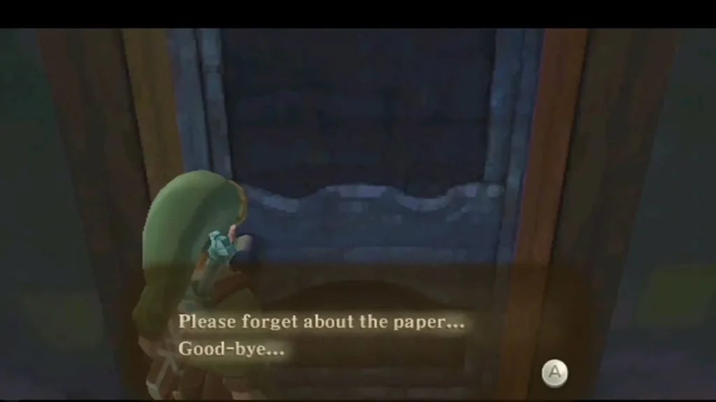 Link at the restroom door as the unseen voice says to forget about the paper and says goodbye. Link at the restroom door as the unseen voice says to forget about the paper and says goodbye.