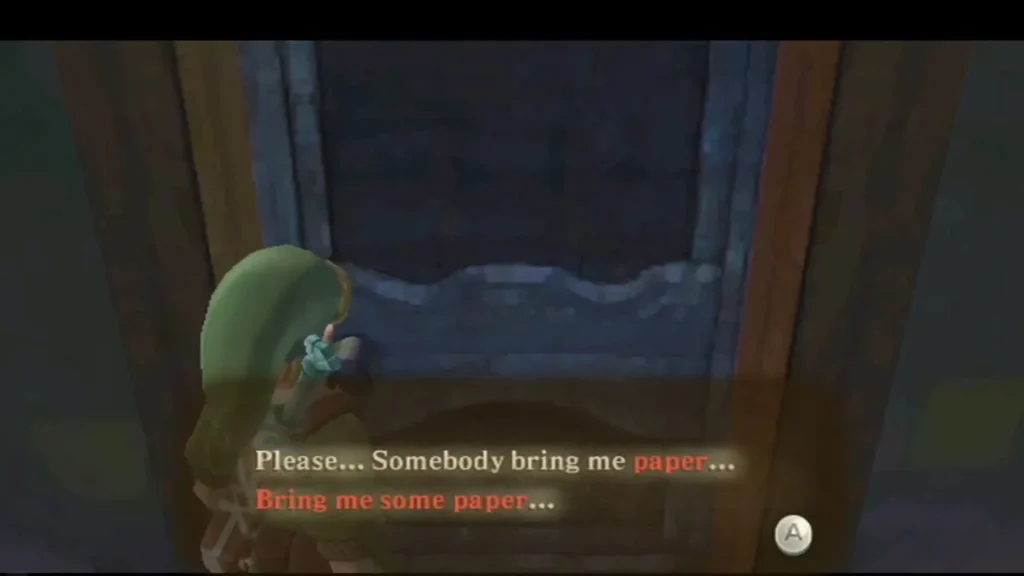 Link stands at a dark restroom door as an unseen voice asks for paper, with the words fully shown. Link stands at a dark restroom door as an unseen voice asks for paper, with the words fully shown.