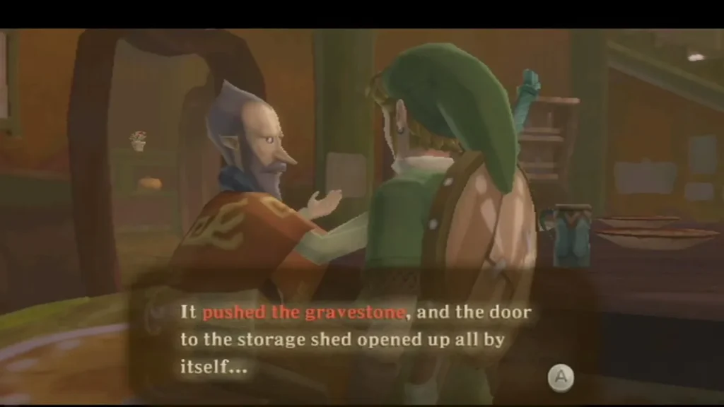 An old man in a red patterned robe tells Link at the Lumpy Pumpkin that a monster pushed a gravestone. An old man in a red patterned robe tells Link at the Lumpy Pumpkin that a monster pushed a gravestone.