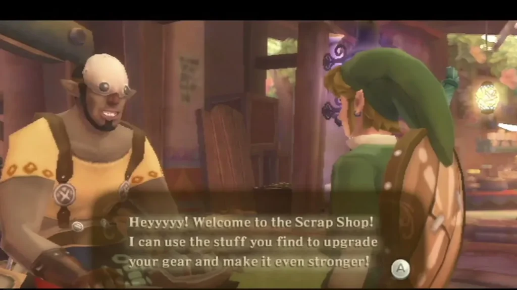 The Scrap Shop owner greets Link: he can upgrade gear with the treasures and materials Link finds. The Scrap Shop owner greets Link: he can upgrade gear with the treasures and materials Link finds.