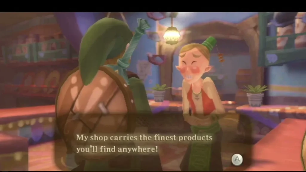 Green-hatted Skyloft shopkeeper smiles and says her shop carries the finest products you will find anywhere. Green-hatted Skyloft shopkeeper smiles and says her shop carries the finest products you will find anywhere.