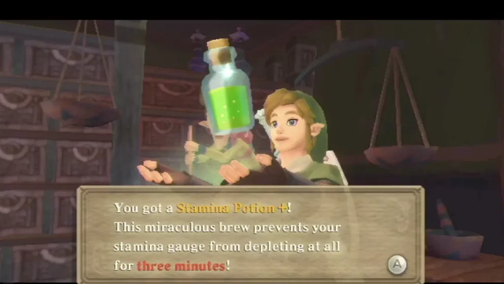 Link holds up a green Stamina Potion+, and the box says it stops stamina loss for three minutes. Link holds up a green Stamina Potion+, and the box says it stops stamina loss for three minutes.