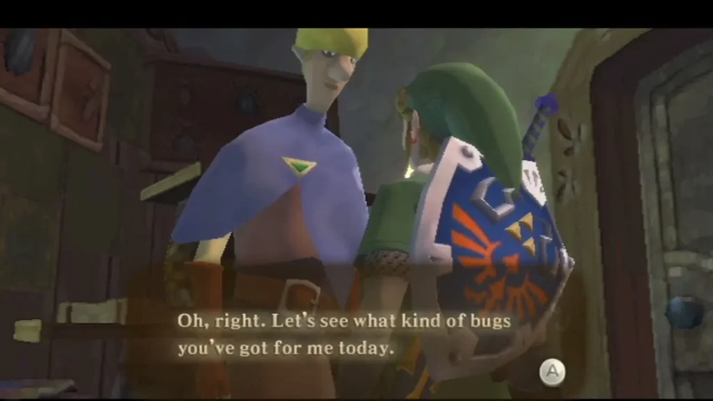 Strich, in a dim room at night, says he will see what bugs Link has for him today. Strich, in a dim room at night, says he will see what bugs Link has for him today.