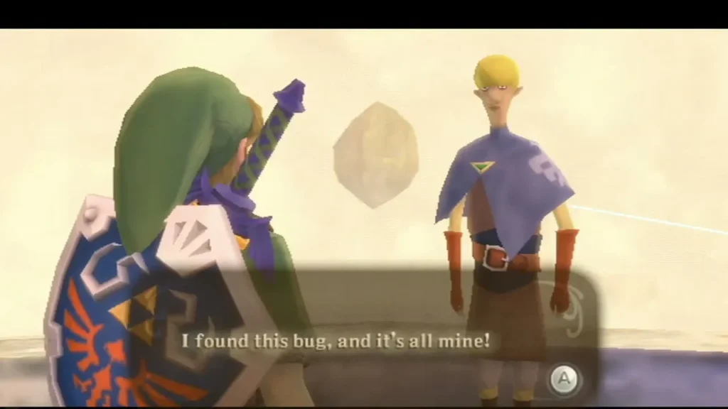 Strich, in a blue cape on a pale sky island, says he found this bug and that it is all his. Strich, in a blue cape on a pale sky island, says he found this bug and that it is all his.
