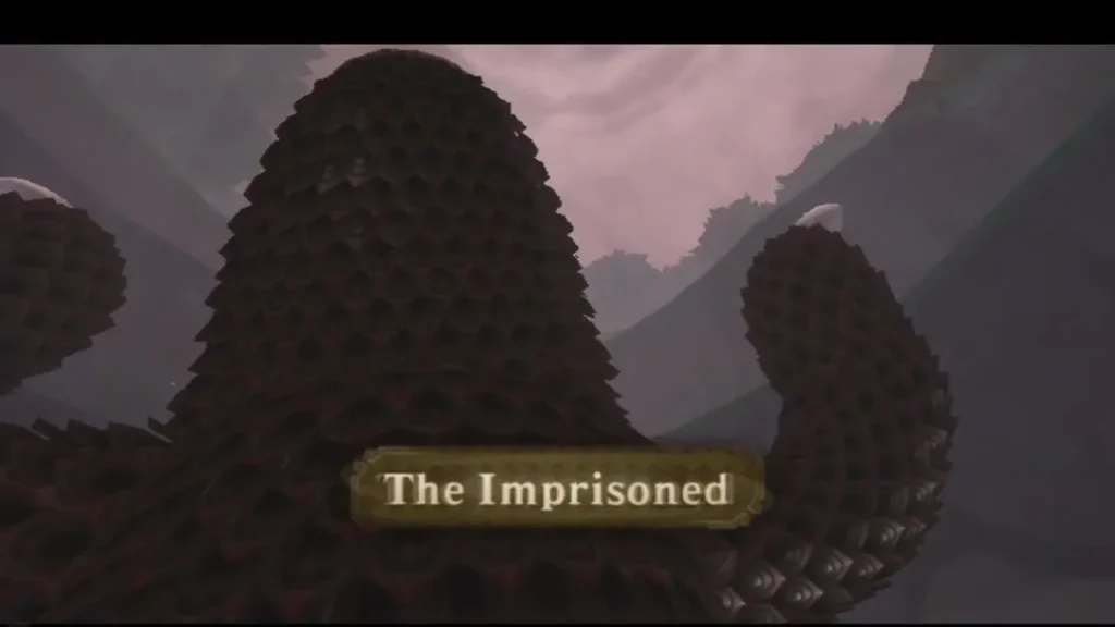 A gold banner reading The Imprisoned sits over the scaly body of the giant beast. A gold banner reading The Imprisoned sits over the scaly body of the giant beast.