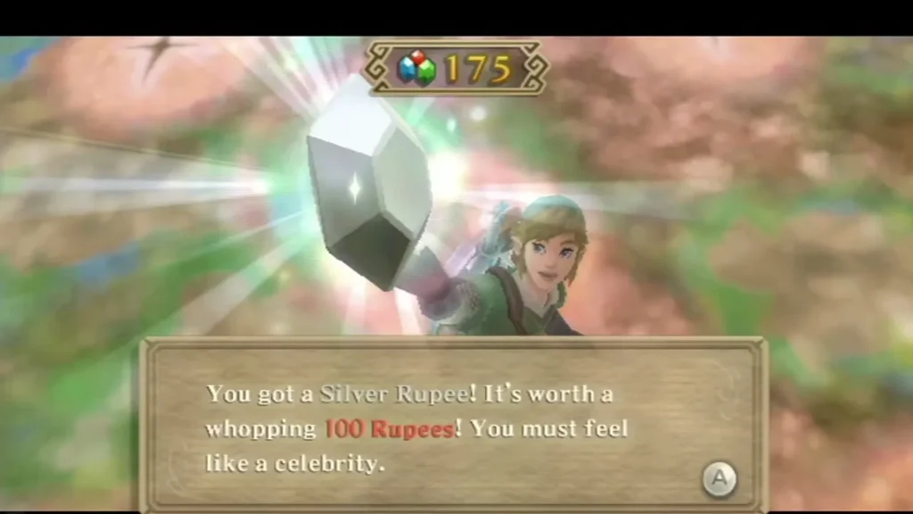 Link holds up a Silver Rupee in a burst of light, and the box says it is worth 100 Rupees. Link holds up a Silver Rupee in a burst of light, and the box says it is worth 100 Rupees.