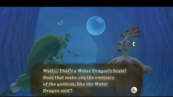 Underwater in Lake Floria, a spotted attendant asks whether Link's Water Dragon's Scale makes him an emissary. Underwater in Lake Floria, a spotted attendant asks whether Link's Water Dragon's Scale makes him an emissary.